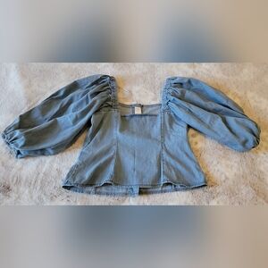 H & M Light Blue Denim Square Neck Puff Sleeve Top